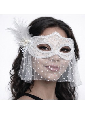 Nexgen Beyaz Dantel Tüllü Peçeli Parti Maskesi – Tüylü Inci Detaylı