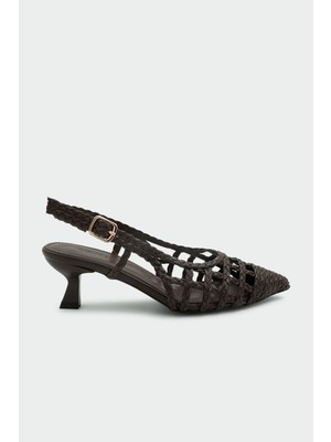 Laminta Wenty Örgü Detaylı Acı Kahve Kadın Topuklu Ayakkabı