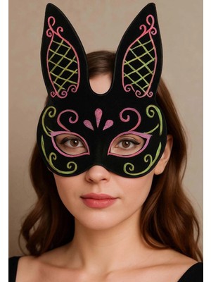 Nexgen Siyah Renk Pembe Gold Simli Siyah Süet Kaplama Tavşan Maskesi 18X16 cm