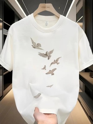 Velmora Fashion 20/1 Penye Compack Özgür Kuşlar Baskılı Oversize Bisiklet Yaka T-Shirt - Beyaz -