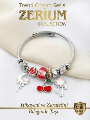 Zerium Modern Çelik Şık Kadın Charm Çelik Bileklik Kiraz ve Uyku Rüyası