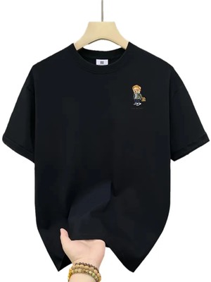 Velmora Fashion 20/1 Penye Compack Gözlüklü Ayı Baskılı Oversize Bisiklet Yaka   T-Shirt - Siyah -