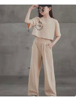 Punix Kids Özel Seri Second Day Baskılı Ispanyol Paça Yazlık Trend Kız Çocuk Crop Eşofman Takımı