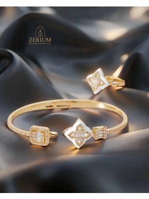 Zerium Beyaz Mine Kaplı Geometrik Işıltı Çelik Takı Seti (Yüzük - Bileklik Set)