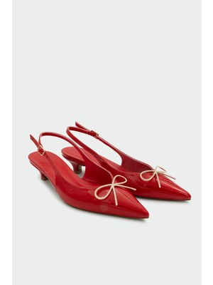 Laminta Tua Fiyonk Detaylı Kırmızı Rugan Kadın Topuklu Ayakkabı