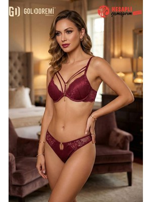Le Jardin Premium Kadın Silikonlu Taşlı Simli Destekli Push-Up Kutulu Sütyen ve Külot Takım