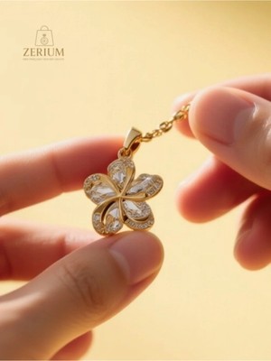 Zerium Parlak Zirkon Taşlı Altın Renk Kaplama Çiçek Figürlü Çelik Kadın Kolye