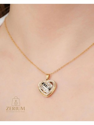 Zerium Zirkon Taşı Işlemeli Altın Renk Kaplamalı Şık & Zarif Kalpli Çelik Kadın Kolye 316L