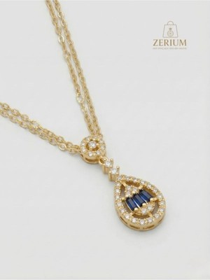 Zerium Kadın Çelik Kolye Altın Renk Safir Mavisi Damla Model Elit Seri