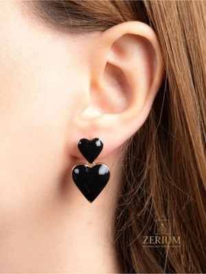 Zerium Romantik Şıklık Siyah Kalp Sallantılı Kadın Küpe