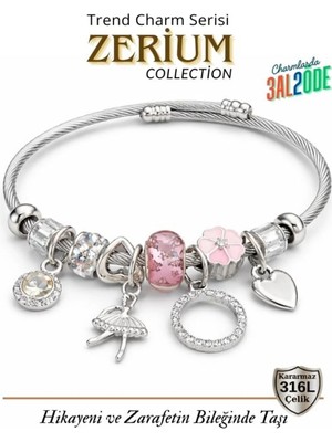 Zerium Modern Çelik Şık Kadın Charm Bileklik Balerin ve Kalp