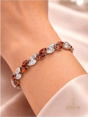 Zerium Kadın Çelik Bileklik Markiz Kesim Kehribar ve Kristal Taşlı Elit Seri