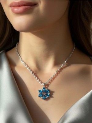 Zerium Şık Silver Mavi Çiçek Desenli Zarif Kadın Kolye