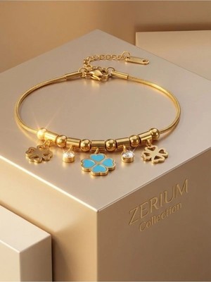 Zerium Mavi Mineli Yonca Charm Kadın Vıp Bileklik Sallantılı