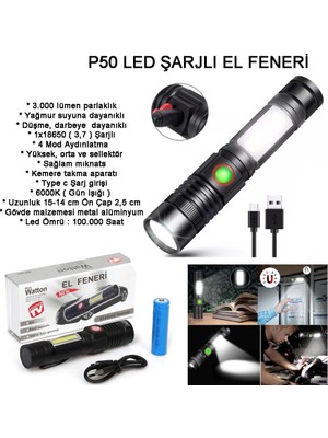 Elektronikçim Geniş Açılı P50 LED Şarjlı El Feneri WT-601