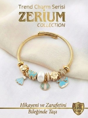 Zerium Modern Çelik Şık Kadın Charm Çelik Bileklik Mavi Balinacık ve Istiridye