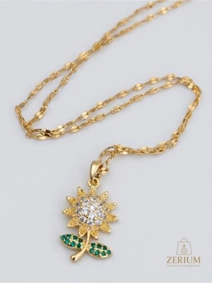 Zerium Güneş Çiçeği Figürlü Çelik Kolye Altın Renk Zirkon Taşlı Premium