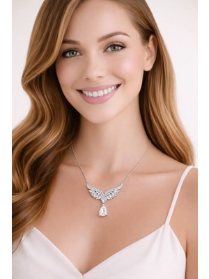 Siset Gümüş 925 Ayar  Rodyum  Kaplama Damla  Zirkon  Taşlı  Melek Kanadı  Gümüş  Kolye