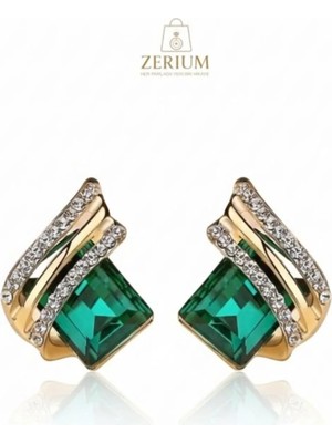 Zerium Yeşil Kristal Taşlı Kare Kadın Küpe Premium Modern Seri