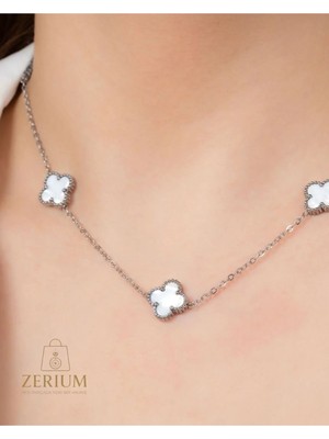 Zerium Şans Çiçeği Esintili Şık & Zarif Kadın Çelik Kolye 316L (Beyaz)