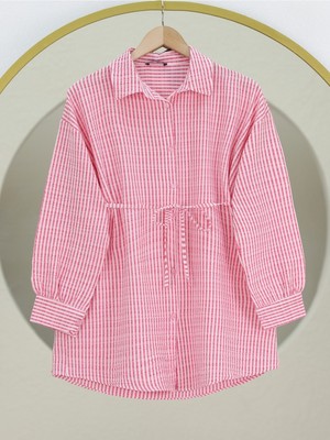 Modamorfo Boydan Düğmeli Bağcıklı Çizgili Bürümcük Gömlek -Pembe