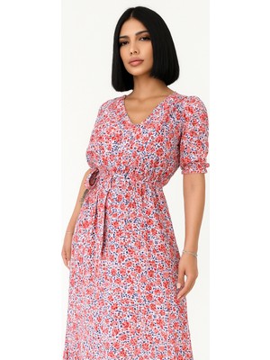 Lims Store Çiçek Desenli  Yırtmaçlı Elbise - Pembe