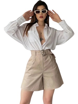 Lims Store Rahat Kesim Kemerli Mom Şort - Krem