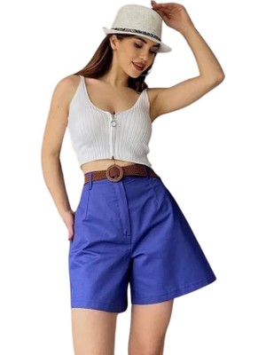 Lims Store Rahat Kalıp Kemerli Mom Şort - Mavi