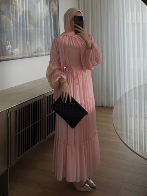 Miraydin Butik Bağcık Detaylı Fırfırlı Şifon Elbise - Pembe