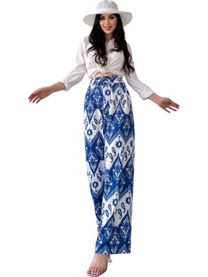 Lims Store Desenli Beli Lastikli Bürümcük Pantolon -Mavi-Beyaz