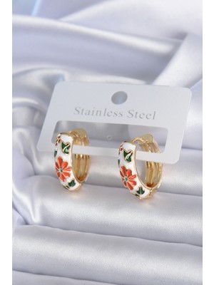 Zenvia 316L Çelik Gold Renk Beyaz Renk Çiçek Işleme Detay Kadın Küpe - TJ-BKP7894