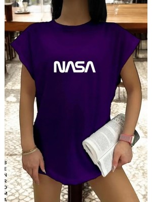 Punix Özel Seri  Nasa Baskılı %100 Pamuk Yeni Trend Kadın Modern Battal Kolsuz T-Shirt