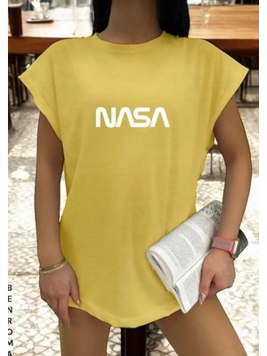 Punix Özel Seri  Nasa Baskılı %100 Pamuk Yeni Trend Kadın Modern Battal Kolsuz T-Shirt