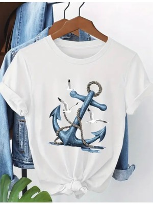 Punix Büyük Beden Özel Seri Mavi Çapa Baskılı %100 Pamuk Oversize Battal Kadın Marin T-Shirt