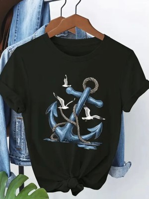 Punix Büyük Beden Özel Seri Mavi Çapa Baskılı %100 Pamuk Oversize Battal Kadın Marin T-Shirt