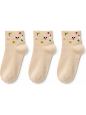 QUALITY WALKING 3'lü Kadın Dikişsiz Çiçek Desenli Bambu Çorap Ipeksi His Günlük Şık Çorap