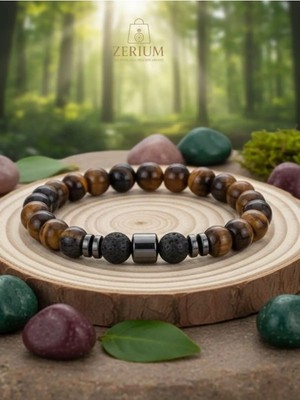 Zerium Aromaterapik Kaplan Gözü ve Volkanik Lav Taşı Bileklik - Güç, Bereket ve Denge