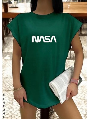 Punix Özel Seri  Nasa Baskılı %100 Pamuk Yeni Trend Kadın Modern Battal Kolsuz T-Shirt