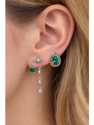 Lia Charm Zümrüt Yeşili Taşlı ve Yıldız Detaylı 3’lü Gümüş Renk Küpe Seti