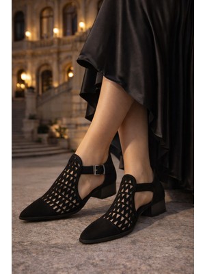Defne Shoes Silva Kadın Lazer Kesim Bilekten Tokalı Topuklu Süet Ayakkabı Günlük Şık Stil Delikli