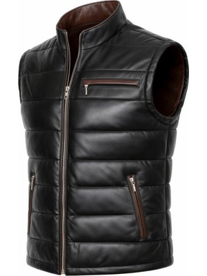 Tabakhanem Hakiki Deri Erkek Şişme Yelek - Siyah & Kahve Detaylı