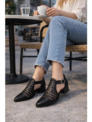Defne Shoes Silva Kadın Lazer Kesim Siyah Deri Ayakkabı Bilekten Tokalı Topuklu Delikli Günlük Şık Stil