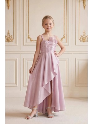 Butik Happy Kids Kız Çocuk Abiye Lila Uçuş Uçuş Monaray Kumaş  Asimetrik Kesim  Prenses Model Yırtmaçlı Abiye Elbise 10-15 Yaş