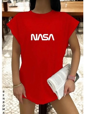 Punix Özel Seri  Nasa Baskılı %100 Pamuk Yeni Trend Kadın Modern Battal Kolsuz T-Shirt