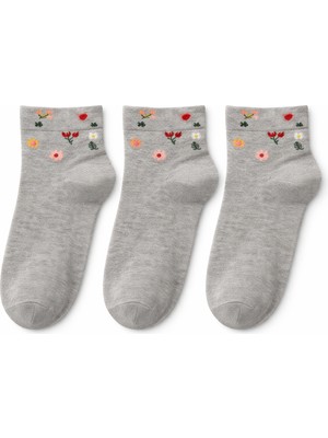 QUALITY WALKING 3'lü Kadın Dikişsiz Çiçek Desenli Bambu Çorap Ipeksi His Günlük Şık Çorap