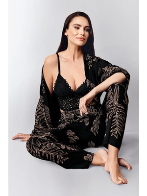 Arnetta Kadın Siyah 3'lü Takım, Sabahlık Pantolon ve Bralet Set