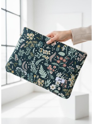 Joli Yeşil Çiçek Desenli Laptop Çantası & Evrak Çantası Macbook Air ve Macbook Pro ile Uyumlu