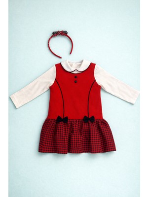 Luggi Baby Kız Çocuk Kırmızı Ekose Elbise, Uzun Kollu Body ve Taç 3’lü Set