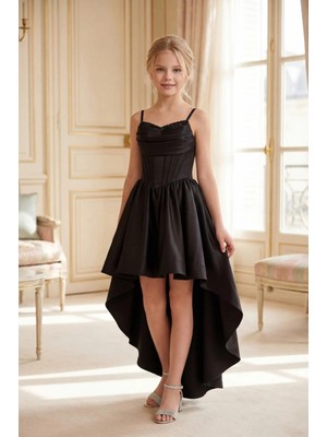 Butik Happy Kids Kız Çocuk Abiye Siyah Prenses Kuyruklu Club Saten Genç Kız Abiye Elbise 10-15 Yaş