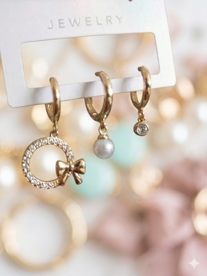 Lia Charm 3'lü Altın Kaplama Küpe Seti - Incili, Fiyonklu ve Tek Taşlı Halka Küpe Kombini